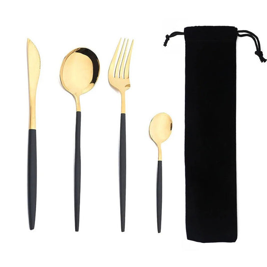 Portable Stainless Steel Dinnerware Set with Bag | 4Pcs Cutlery Flatware for Kitchen, Dining, Tea Time
