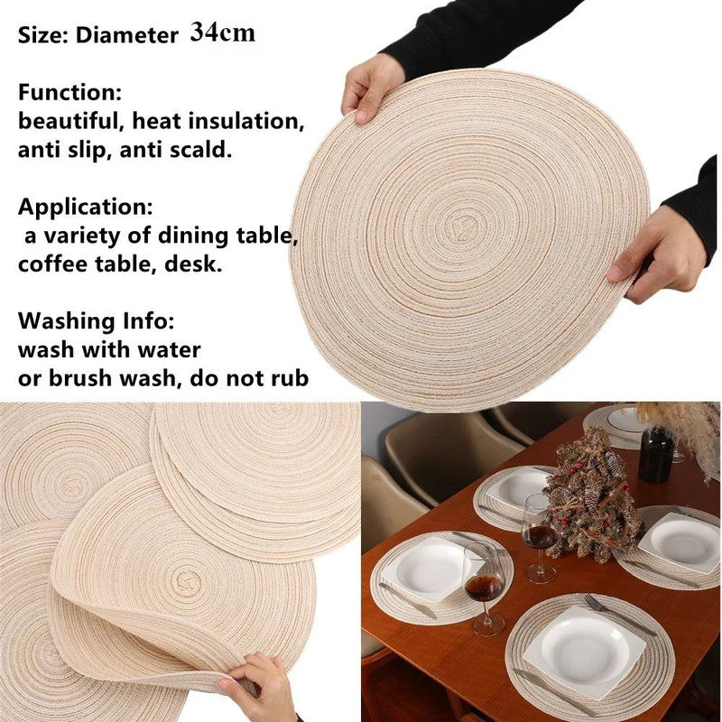 Set of 6 Round Placemats and Coasters Braided Woven Table Mats, Washable Heat Resistant for Dining, Kitchen, and Outdoor