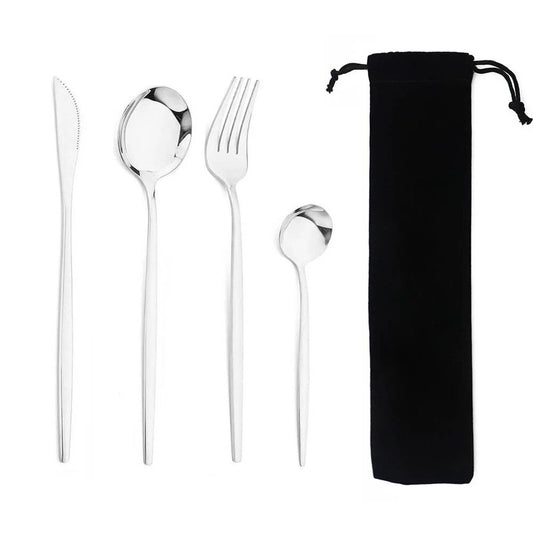 Portable Stainless Steel Dinnerware Set with Bag | 4Pcs Cutlery Flatware for Kitchen, Dining, Tea Time