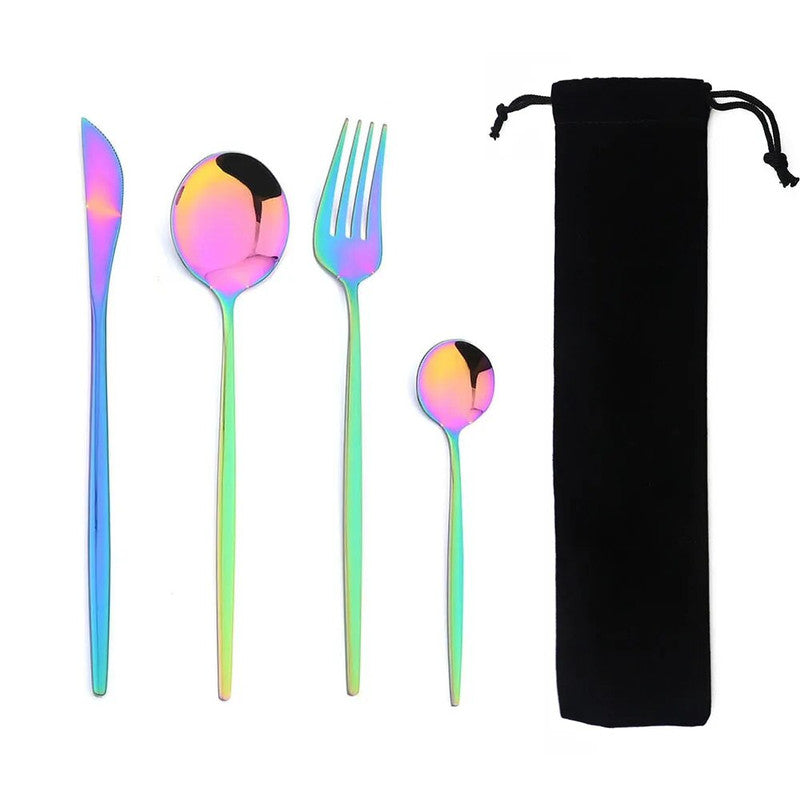 Portable Stainless Steel Dinnerware Set with Bag | 4Pcs Cutlery Flatware for Kitchen, Dining, Tea Time