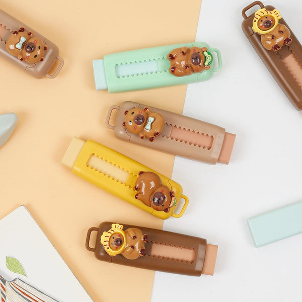 Capybara Erasers Set Cartoon Design, Retractable Eraser for Drawing Exams, Kids Students Back to School Stationery Fun