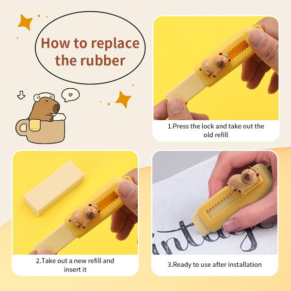 Capybara Erasers Set Cartoon Design, Retractable Eraser for Drawing Exams, Kids Students Back to School Stationery Fun