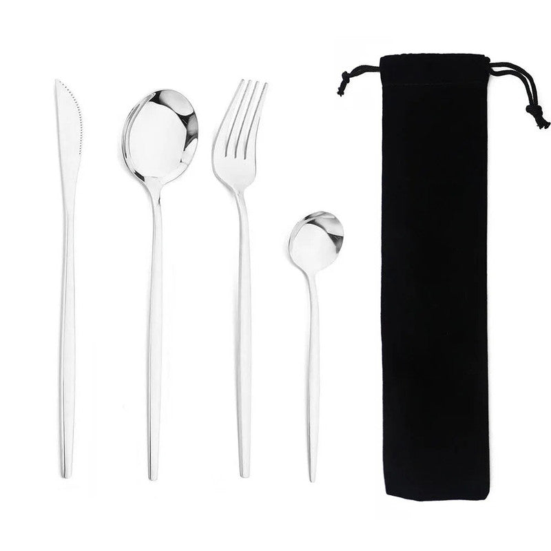 Portable Stainless Steel Dinnerware Set with Bag | 4Pcs Cutlery Flatware for Kitchen, Dining, Tea Time