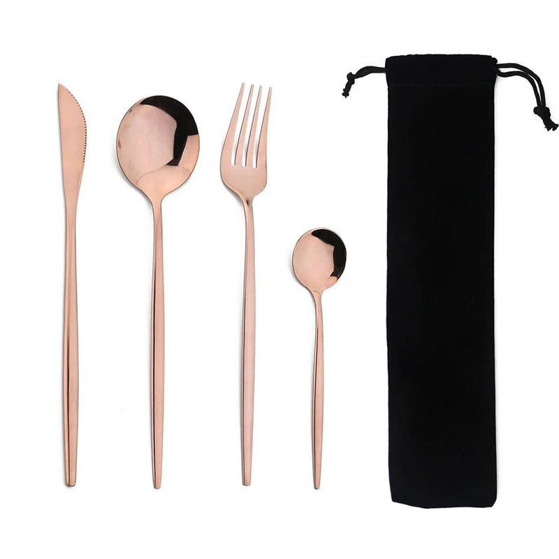 Portable Stainless Steel Dinnerware Set with Bag | 4Pcs Cutlery Flatware for Kitchen, Dining, Tea Time