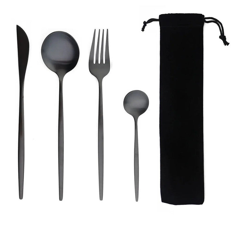 Portable Stainless Steel Dinnerware Set with Bag | 4Pcs Cutlery Flatware for Kitchen, Dining, Tea Time